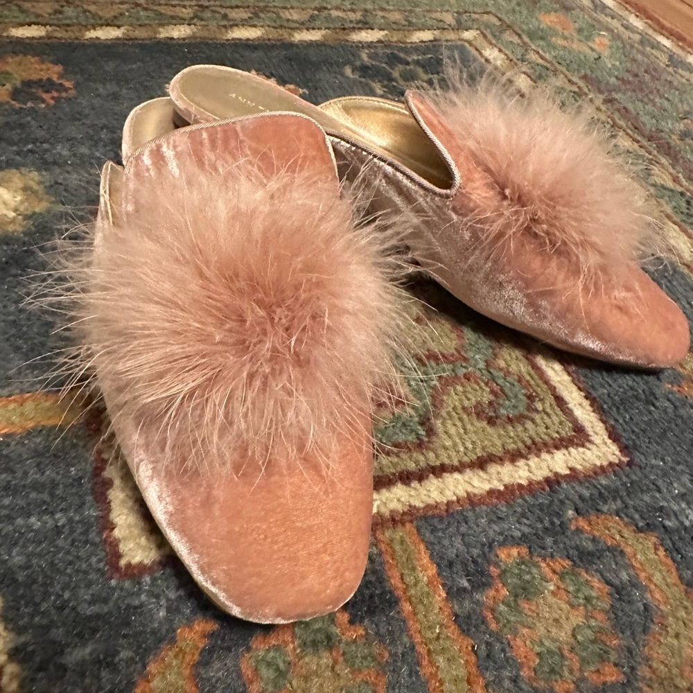 Ann Taylor Velvet Pom Pom Mules, pink size 9